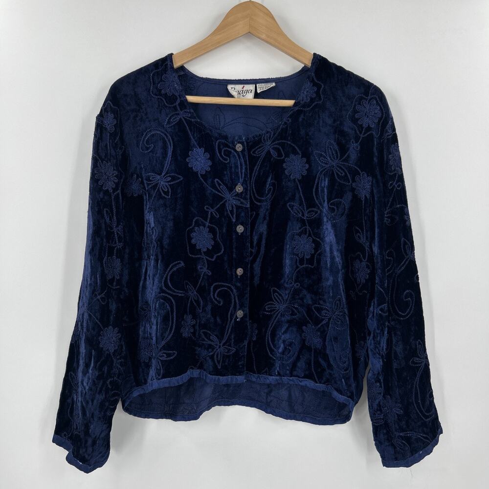 Vintage 90s Raaga Velvet Blouse Womens OS Blue Whimsigoth Witchy Embroidered